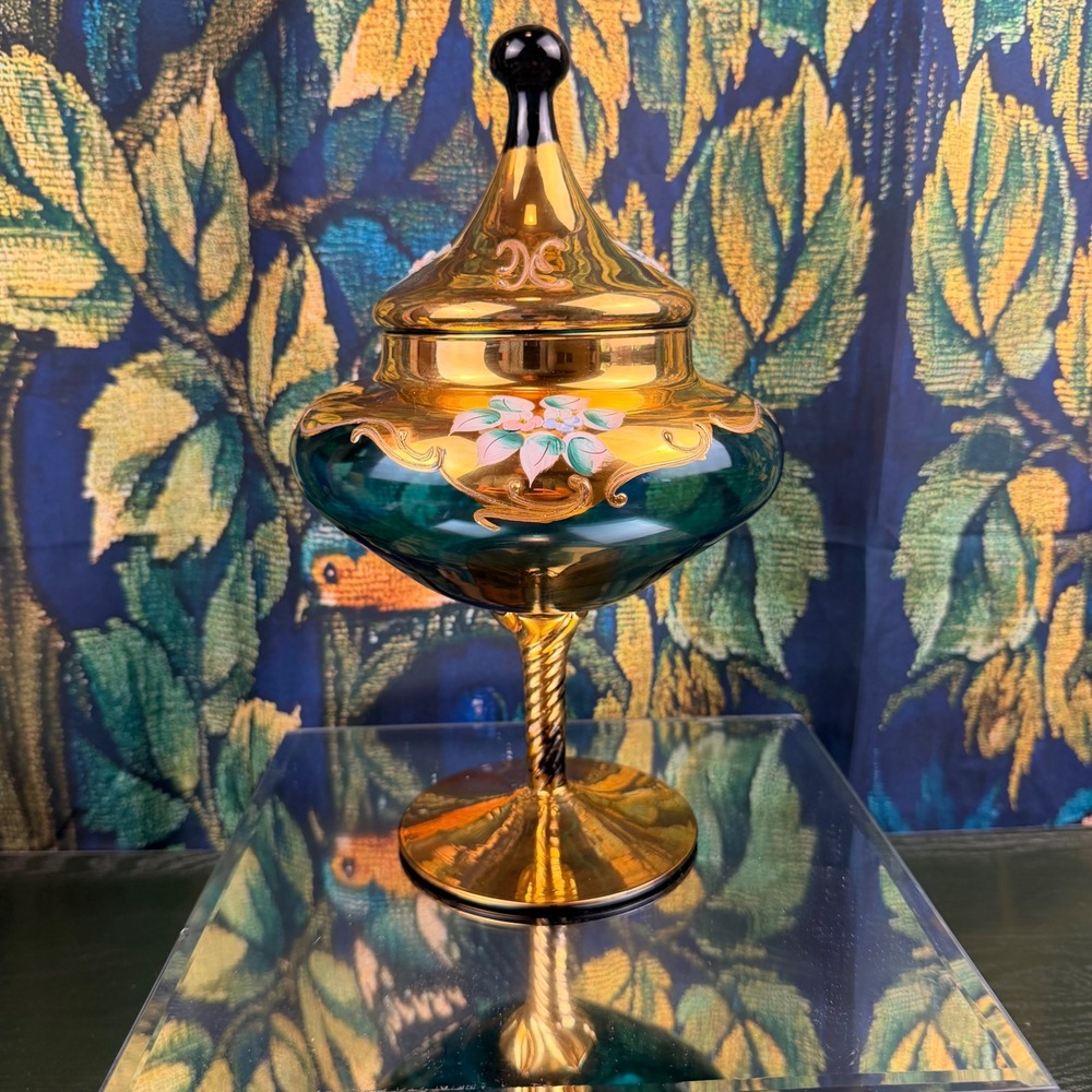 Vintage Venetian Murano Glass Compote Green Gold Hand Painted Floral‎ Candy Dish